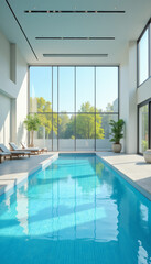 Fototapeta premium Indoor Swimming Pool with Large Floor-to-Ceiling Windows, Modern Home Luxury Design