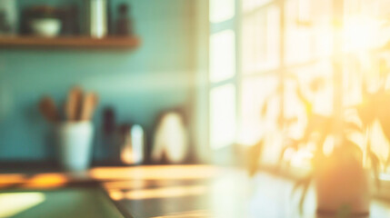 A tranquil kitchen bathed in soft morning light, featuring blurred pastel tones and gentle shadows