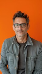 Obraz premium Confident Professional Man in Grey Jacket Against Vibrant Orange Background for Modern Design