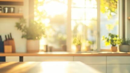 A softly blurred modern kitchen bathed in warm sunlight showcasing airy colors and fresh plants in serene surroundings