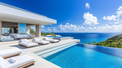Fototapeta premium Luxurious Minimalist Villa Set on a Poolside Terrace Overlooking the Ocean