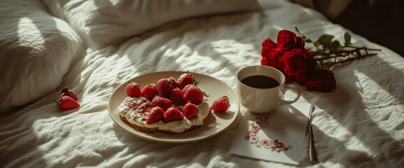 Delicious breakfast with fresh raspberries and coffee on a cozy bed with red roses and a heartfelt note in the morning light. Wide web banner.