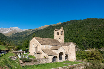 Church of San Miguel in Linas de Broto from the 16th century with its 13th century tower. Huesca, Aragon, Spain.