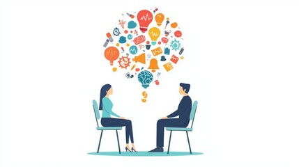 A thoughtful conversation between two individuals with creative ideas floating above, illustrating the power of dialogue.