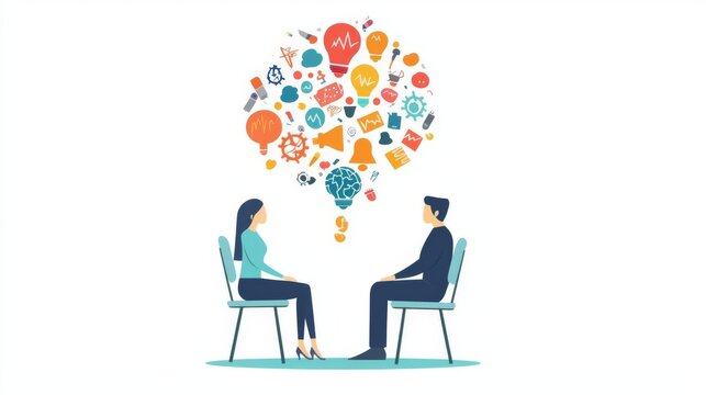 A thoughtful conversation between two individuals with creative ideas floating above, illustrating the power of dialogue.