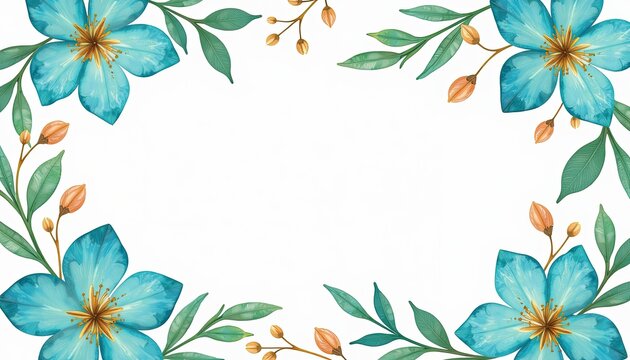 Turquoise and gold blossom on white background Refreshing watercolor floral pattern for vibrant greeting cards wedding invitations posters or banners with customizable text space.