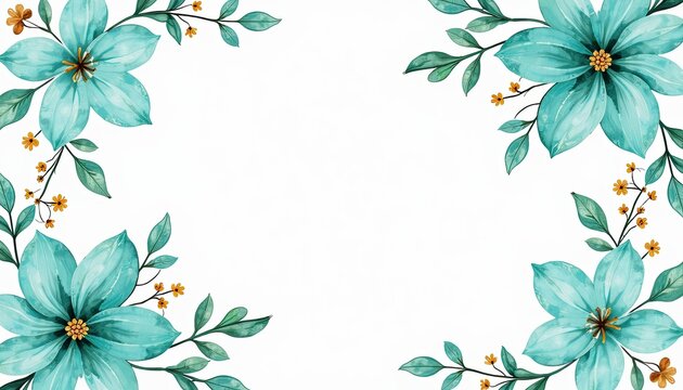 Turquoise and gold blossom on white background Refreshing watercolor floral pattern for vibrant greeting cards wedding invitations posters or banners with customizable text space.