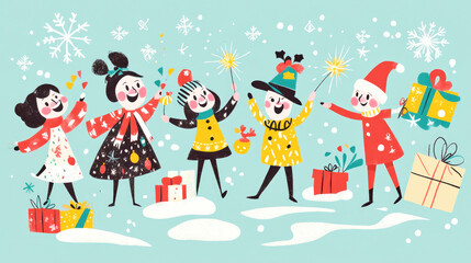 Fototapeta premium Happy cartoon characters celebrating Christmas with sparklers, gifts, and plush toys in a snowy landscape