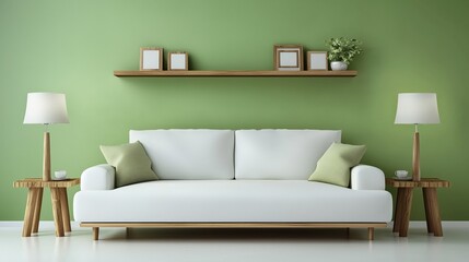 Minimalist Living Room with Sage-Green Accent Wall and White Sofa
