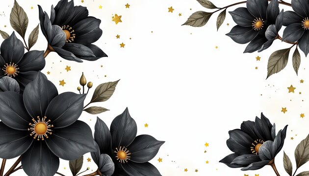 Black and gold floral design on white background Dramatic watercolor flower backdrop perfect for bold and luxurious greeting cards wedding invitations posters with text space.