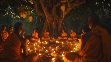 Bodhi Day celebration under the lush Bodhi tree, a group of monks wearing orange robes are meditating solemnly, small candles surround the area, Ai generated images