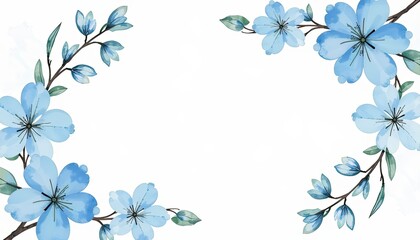 Cerulean blue and silver blossom on white background Serene watercolor floral frame for peaceful and calming greeting cards wedding invitations posters or banners with copy space.