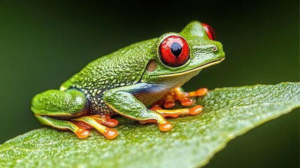 Obraz premium Vibrant red-eyed tree frog on a green leaf.