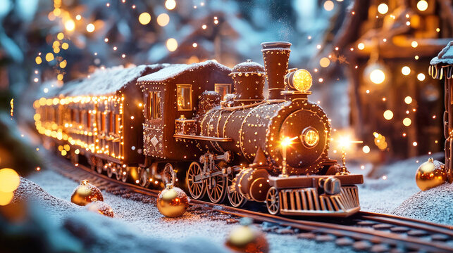 Whimsical gingerbread steampunk Christmas train gliding through a sparkling winter wonderland