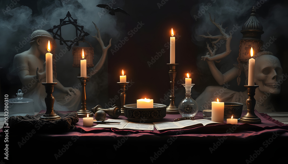 Wall mural witch altar. concept of fortune telling and predictions of fate, candle magic and wicca elements on 