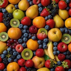 Assortment of fresh fruits including apples, pears, oranges, strawberries, blueberries, kiwis, and blackberries