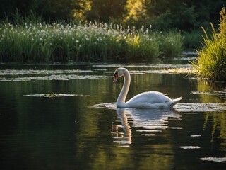 Fototapeta premium White swan swimming in tranquil pond surrounded by tall grass and trees in background, creating serene and peaceful natural landscape