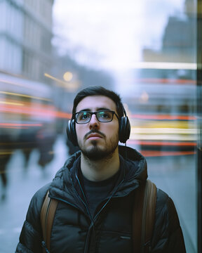 Young person, man, intensely listening to music on over-ear headphones during morning rush hour commute. Millenials, Generation Z concept. Working life, young professional, savings, tech, creative