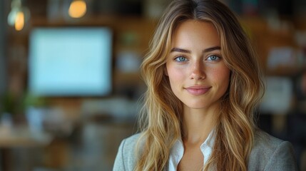 Young businesswoman smiling in modern office space