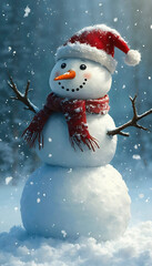 A cheerful snowman with a carrot nose, wearing a cozy scarf and a top hat, stands proudly in a winter wonderland, surrounded by gently falling snowflakes.
