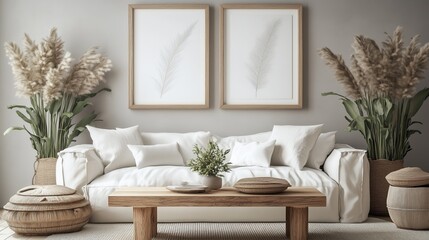 Stylish living room with soft white sofa and wooden accents