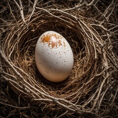 Obraz premium Large speckled egg resting in nest made of twigs and branches