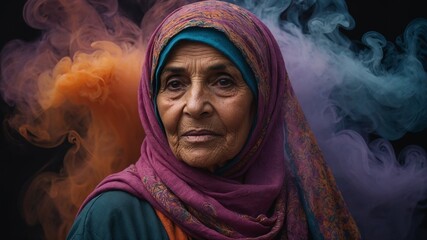 Elderly Middle Eastern woman with wrinkled skin, wearing vibrant pink and blue headscarf, set against colorful smoky background