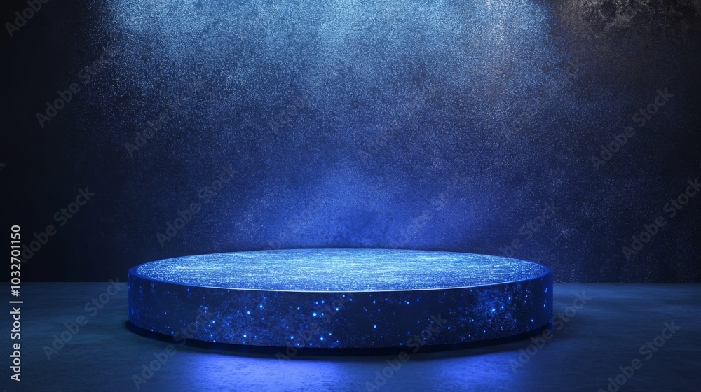 Aufkleber a circular platform, illuminated with a blue light, sits in front of a textured, blue wall. the plat