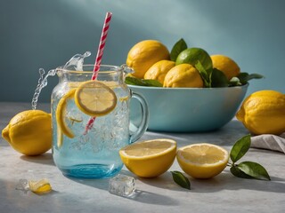 Fototapeta premium Glass pitcher filled with water and lemon slices, bowl of fresh lemons, and lemon slices on gray background