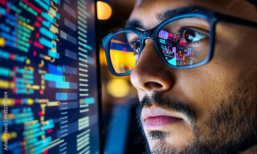 Wall mural close-up of a man wearing glasses, looking intently at a computer screen displaying code