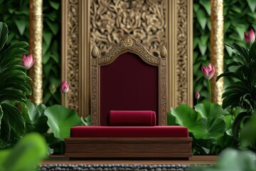 A majestic throne adorned with intricate carvings, set against a lush backdrop of tropical plants and flowers.