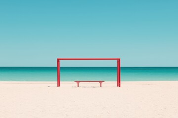 A minimalistic red swing set on a serene beach with clear blue skies and calm ocean waves in the background.