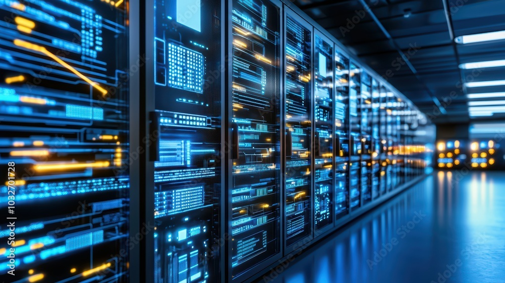 Poster a modern data center with rows of servers displaying illuminated screens and digital connections in 