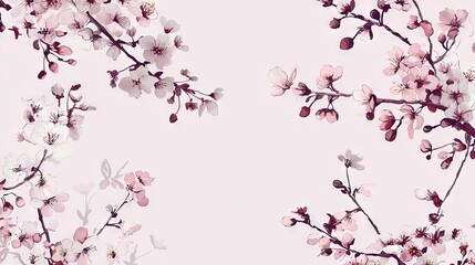   A close-up of a tree branch adorned with pink blossoms on a pastel pink backdrop with space for text