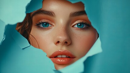 Looking through the hole in the colorful paper is a girl with expressive eyebrows, beige lipstick, blue shimmering shadows, and stunning green bright eyes. Style, beauty salon, makeup, cosmetics.