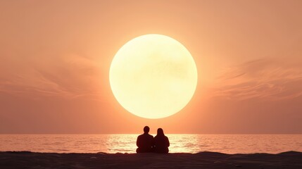 A romantic sunset view with a couple sitting together by the beach, creating a serene and intimate atmosphere.