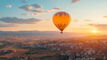 Fototapeta premium Gorgeous sunrise view of the rocky Cappadocia countryside, complete with vibrant hot air balloon rides over the deep valleys and gorges. Travel with a concept banner in Turkey. 