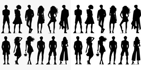 Vector silhouettes man and women, illustration. Silhouettes of young people posing in fashionable clothes. JPEG version.