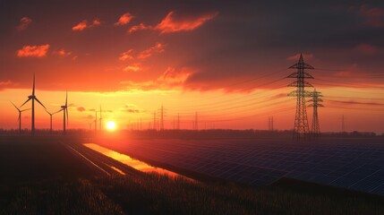 Obraz premium Solar panels with wind turbines and electricity pylon at sunset. Clean energy concept.