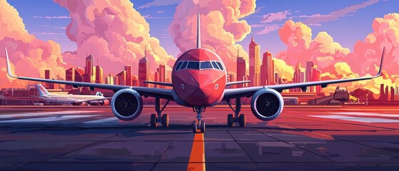 A vibrant airplane parked on a runway with a city skyline in the background, showcasing a beautiful sunset.