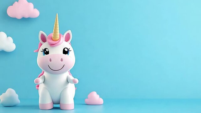 A cute unicorn 3d character smiles brightly, dancing surrounded by soft clouds against a vibrant blue backdrop, empty space