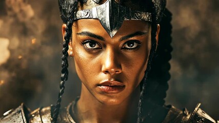 A woman in warrior garb stares fiercely into the camera, her braided hair framing her face