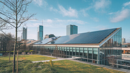 Solar Panels on the Roof of a Modern Building with Skyscrapers in the Background