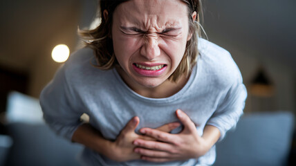 Distressed Woman Clutching Chest in Pain, Expressing Intense Discomfort