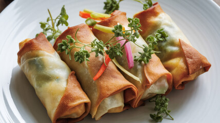 Close-Up of Crispy Spring Rolls Garnished with Fresh Herbs, Ready to Serve