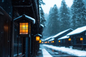 Fototapeta premium Charming wooden houses with glowing lanterns in a snowy landscape, creating a warm, inviting atmosphere in a winter setting.