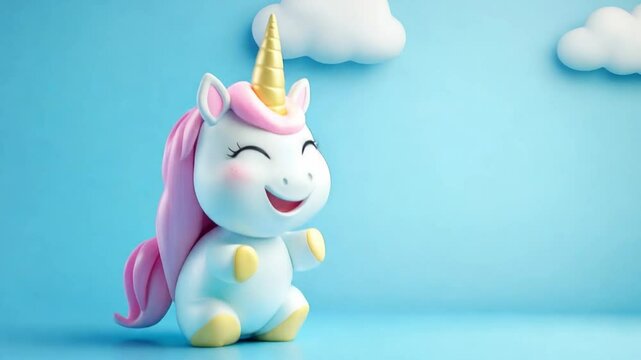 A vibrant unicorn character with a golden horn and pink mane smiles happily against a cheerful blue background featuring fluffy clouds