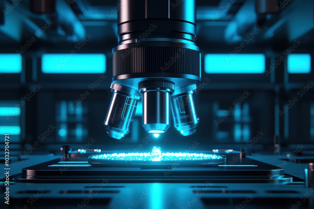 Poster close-up of a high-tech microscope analyzing a glowing specimen in a futuristic lab environment.