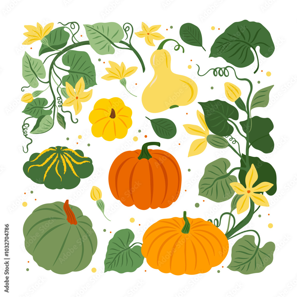 Wall mural vector seamless pattern with pumpkin, flowers, oak and maple leaves on white background. perfect for