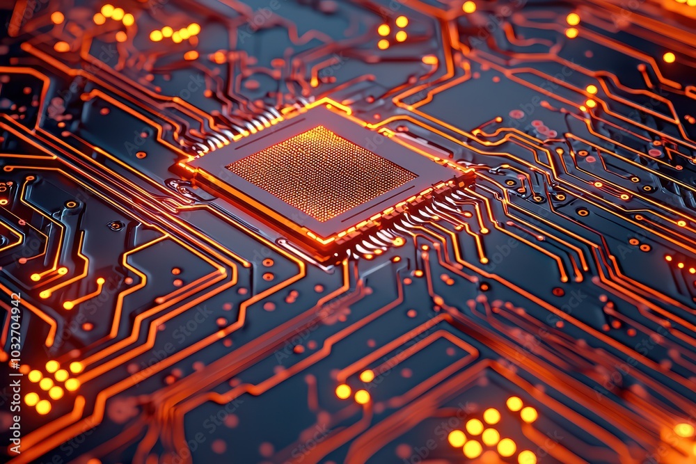 Poster close-up of a microchip on a circuit board with intricate patterns and glowing connections, ideal fo